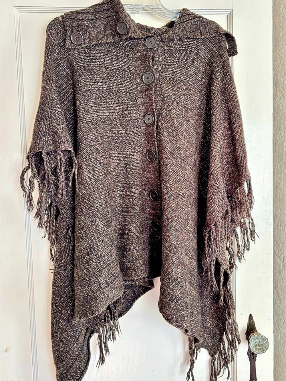 Carolyn Taylor Brown Knit Button Poncho with Fringe